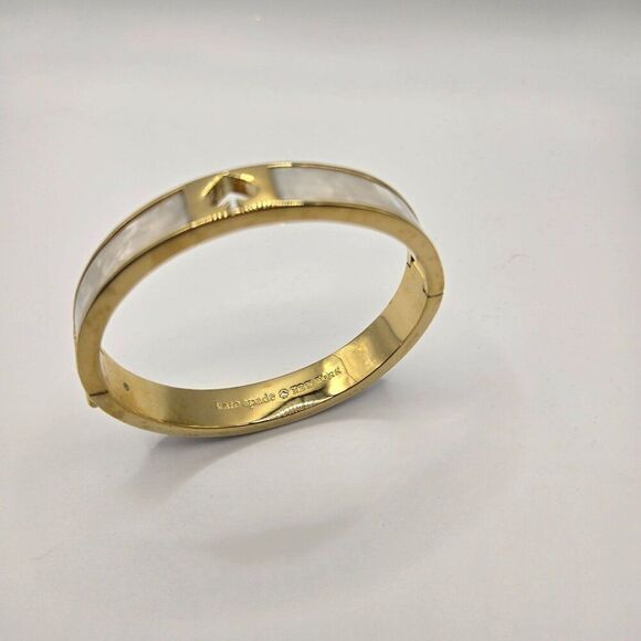 Kate Spade Gold-Tone Bangle Bracelet Mother Of Pearl Inlay Punch Spade - Picture 5 of 7